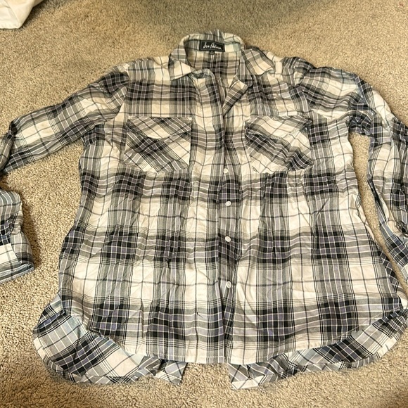 Sam Edelman Zip Split Back Plaid Flannel Shirt Hi Lo Roll Tab Sleeve Black M - Picture 1 of 6